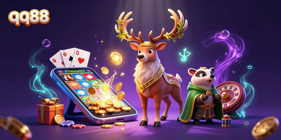 Experience thrilling gaming with qq88 featuring a Celtic stag and a badger among exciting casino elements.