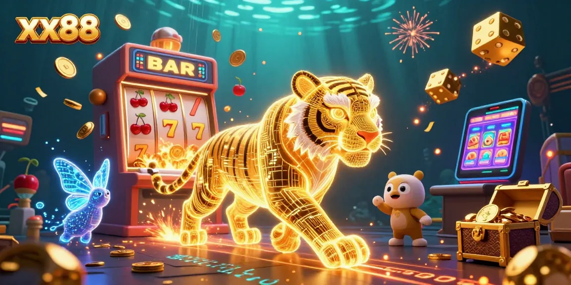Experience the thrill of xx88 gaming with dazzling casino elements and a neon-wireframe tiger in this vibrant illustration.