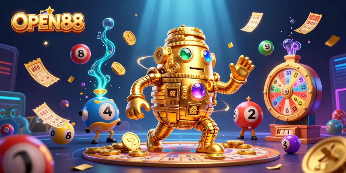 Engaging gamblers with OPEN88's lively lottery scene filled with gold coins and vibrant prize elements.