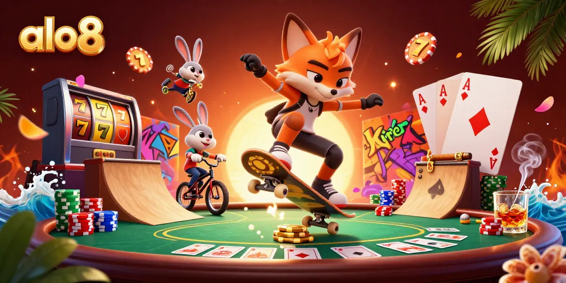 Experience the excitement of alo8 with dynamic casino gaming visuals featuring a skateboarder fox and tricks.