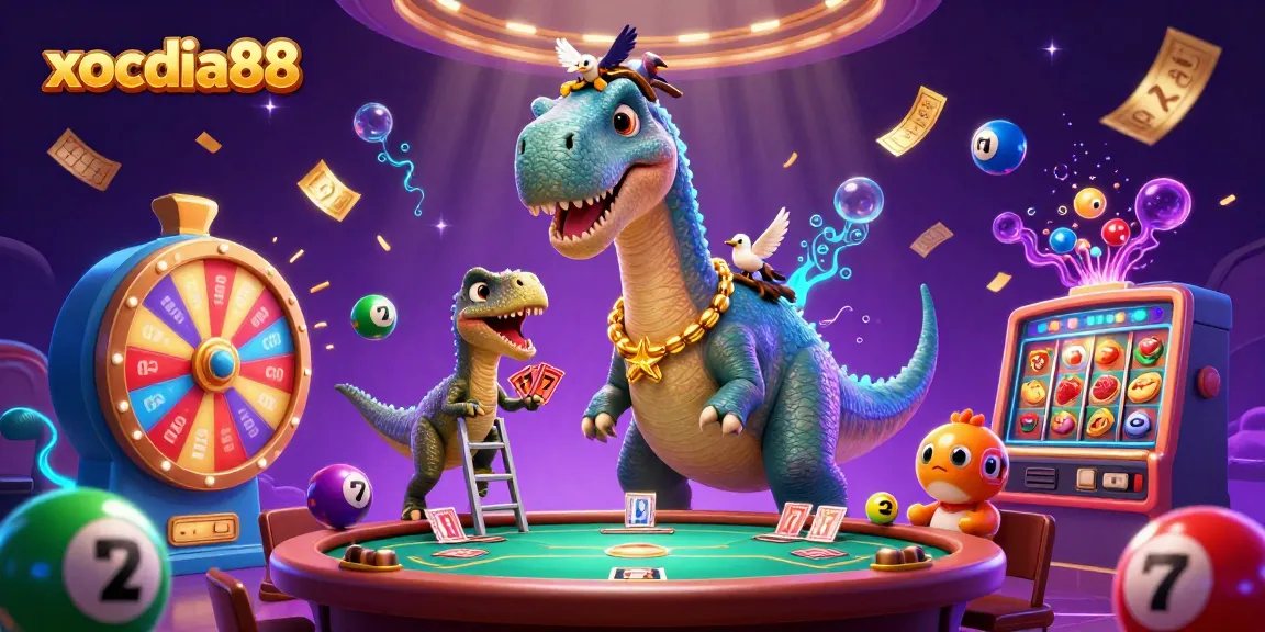 xocdia88 features a dynamic casino scene with a brontosaurus, raptor dealer, and vibrant gaming elements
