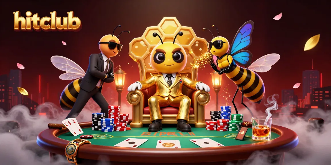 Hitclub's animated scene showcases a bumblebee mob boss and poker game elements in a dynamic casino setting.