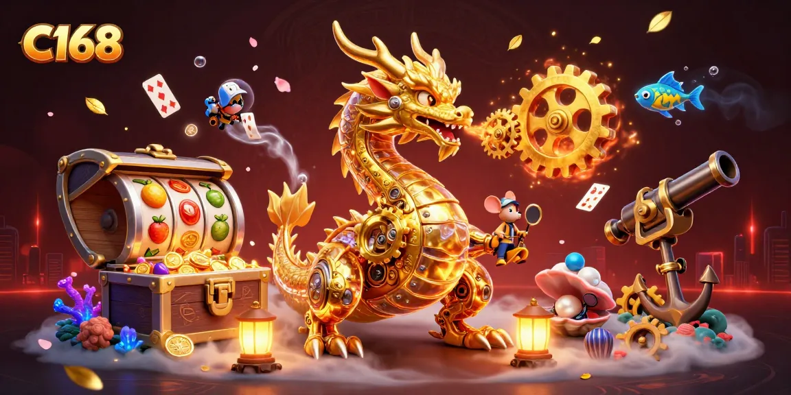 C168 showcases a vibrant 3D dragon breathing gears, surrounded by gold, gems, and slot reels in a casino environment.