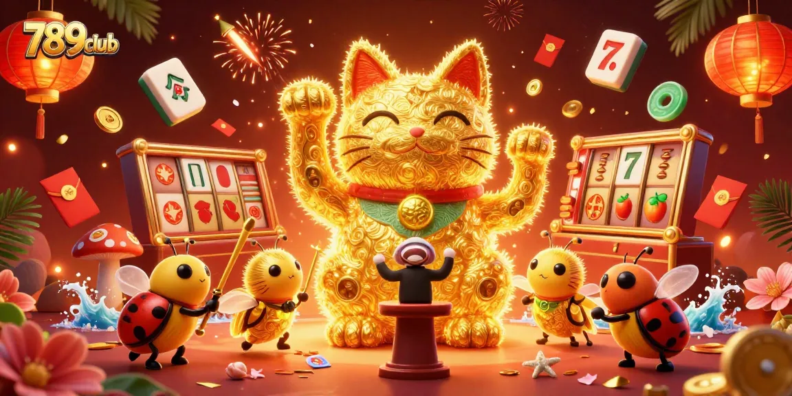 Engage in thrilling games with 789club, highlighted by a vibrant lucky cat and casino elements.