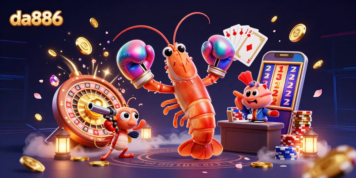 Win big at da886 with an exciting 3D casino scene featuring vibrant characters and game elements.