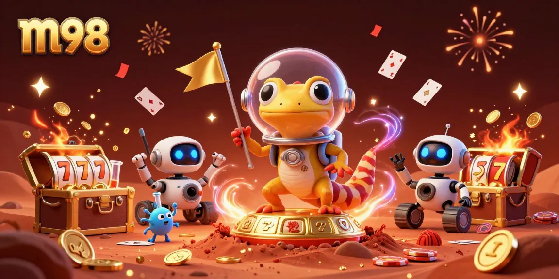 Martian gecko interacting with a buried golden casino in a vibrant m98-themed illustration.