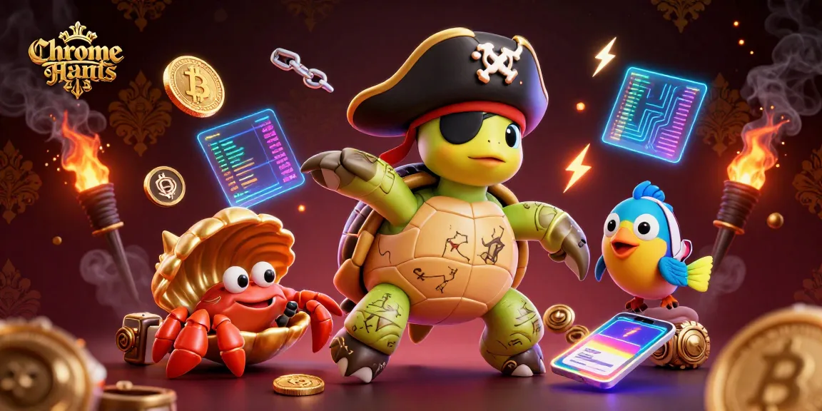 Chrome Hearts showcases a vibrant 3D scene featuring iconic pirate turtle engaging in treasure hunting amidst dynamic crypto elements.