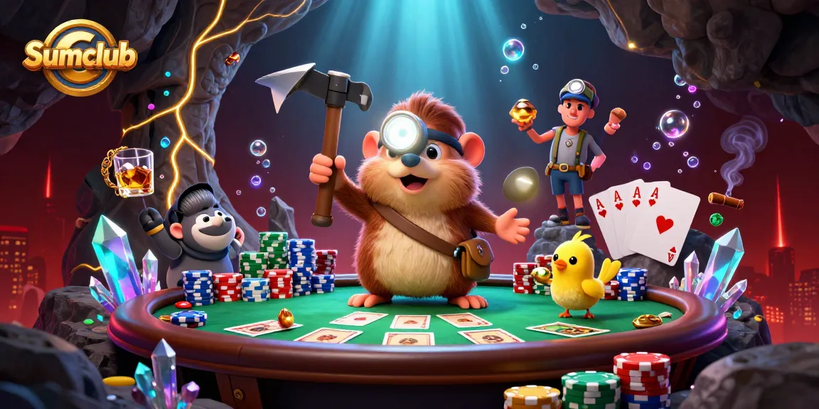 Engage with Sumclub's dynamic gaming scene featuring a treasure hunter mole and poker elements.