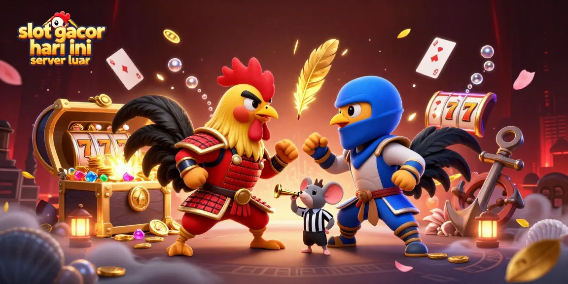 Engage in thrilling action with slot gacor hari ini server luar as twin roosters face off amid gold coins and vibrant game elements.
