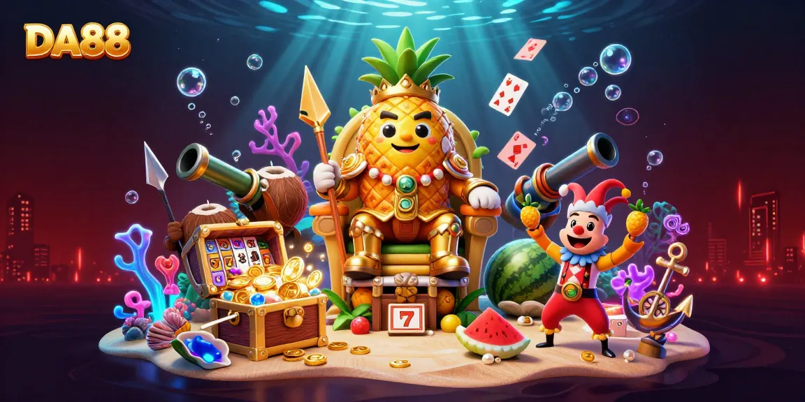 DA88 showcases slot gaming with a golden pineapple king and vibrant beach characters.