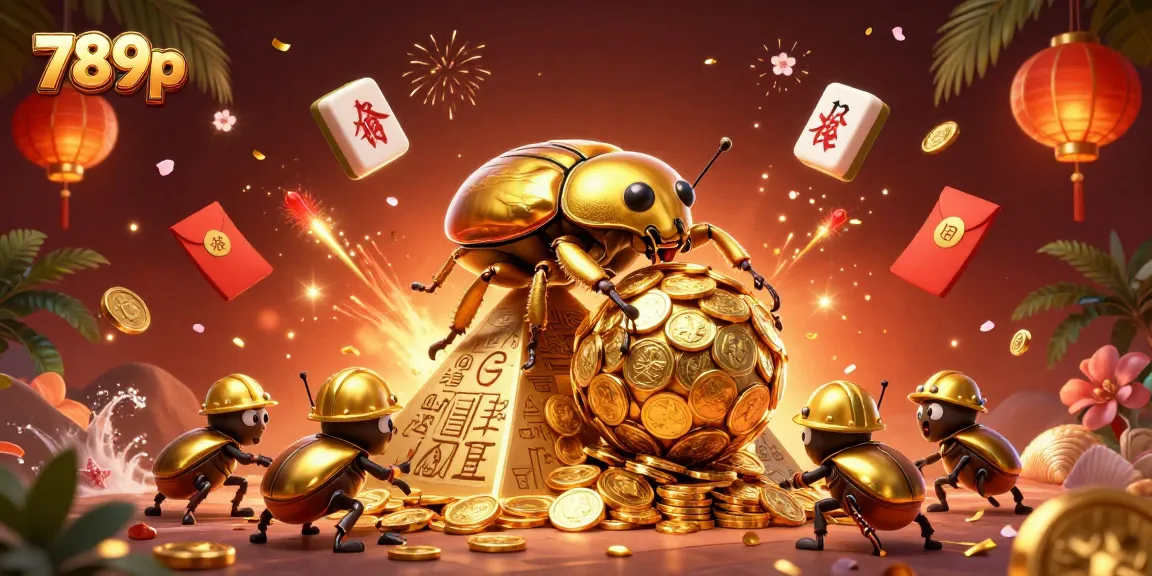 Engage with 789p's gaming excitement as a golden beetle navigates a coin pyramid in a vibrant casino scene.