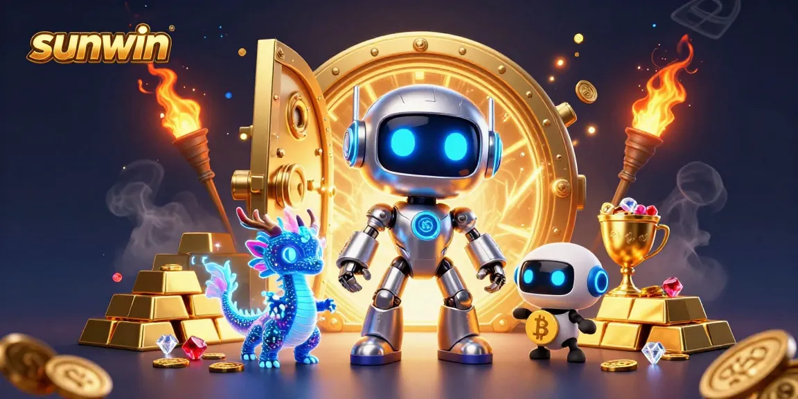 Sunwin's vibrant casino scene showcases a cyberpunk mascot, capturing gaming excitement with gold treasures.