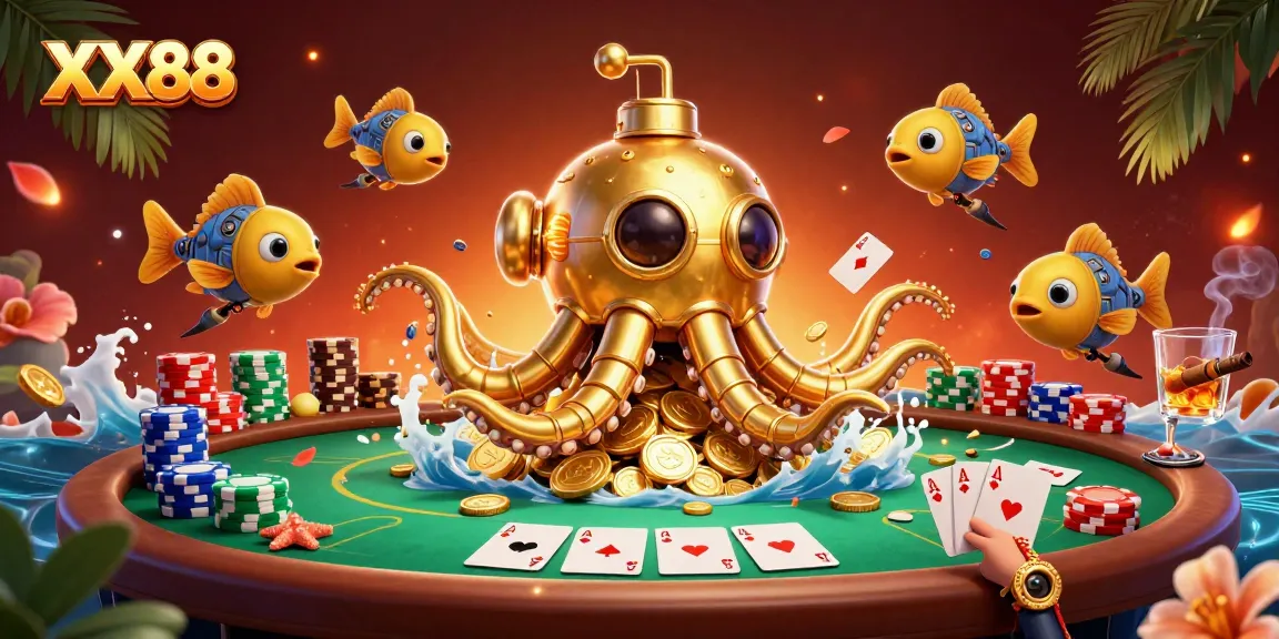 Engage in thrilling poker action at XX88 with golden kraken submarine and poker chips.