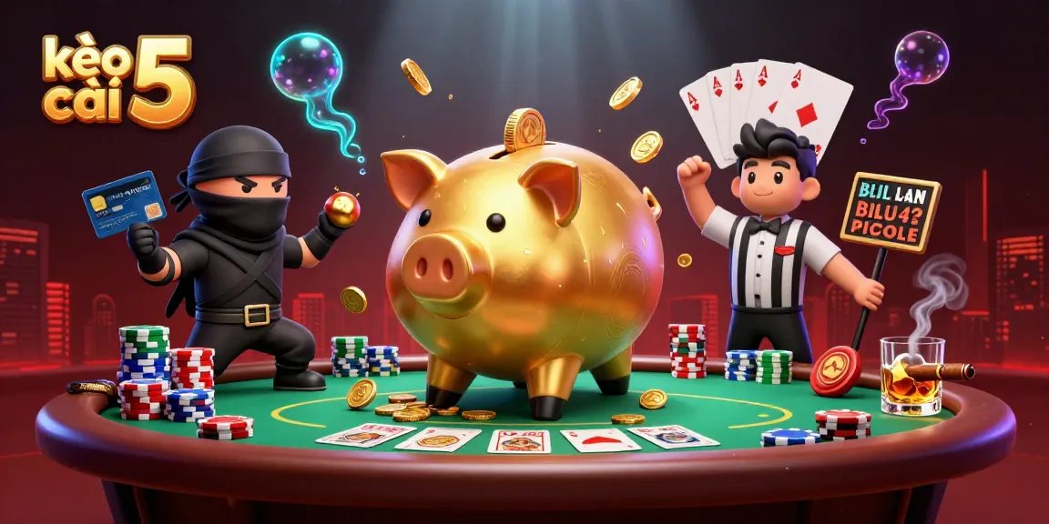 Engage with kèo nhà cái 5 featuring a vibrant 3D illustration of a golden piggy bank sumo wrestler amidst poker elements.