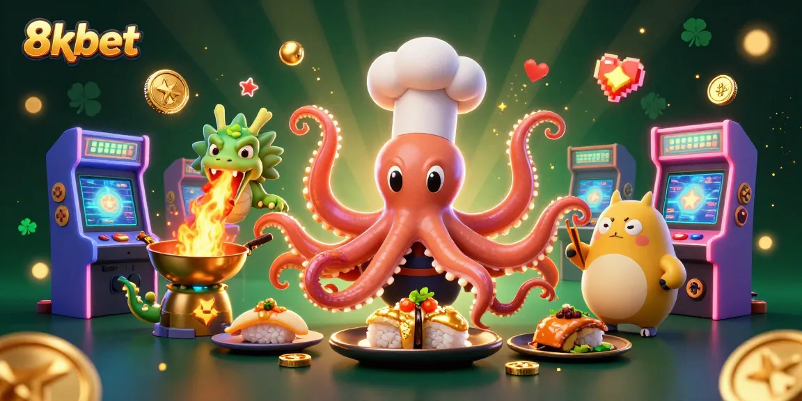 Engage with 8xbet in a vibrant casino scene featuring an entertaining octopus chef and colorful game elements.
