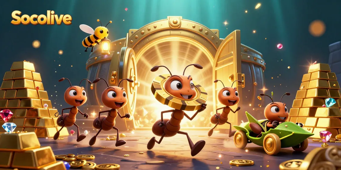 Socolive showcases a vibrant heist scene with cartoon ants, poker chips, and riches.