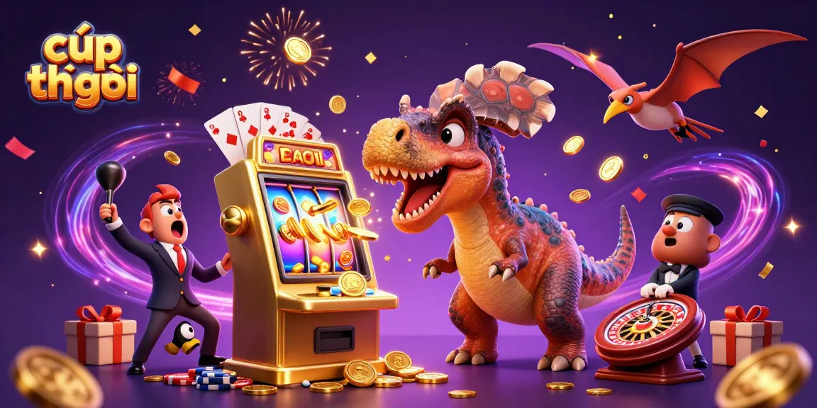 cúp thế giới: Cartoon dinosaurs celebrate jackpot wins with golden coins and slot machines.