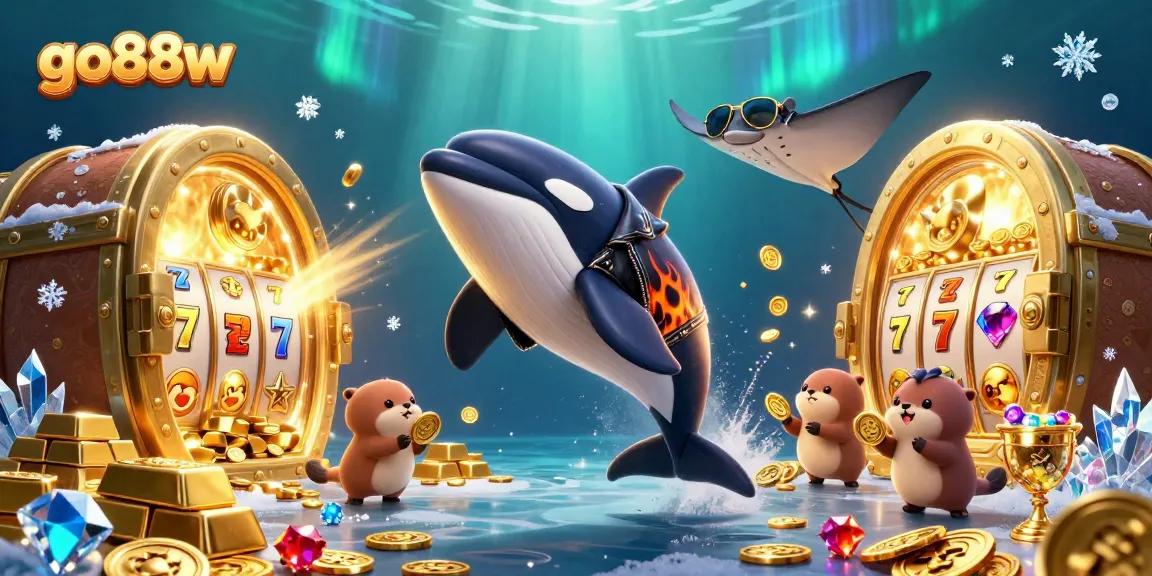 Engage with go88w's thrilling jackpot scene featuring an orca, stingray, and sea otters amidst treasures.