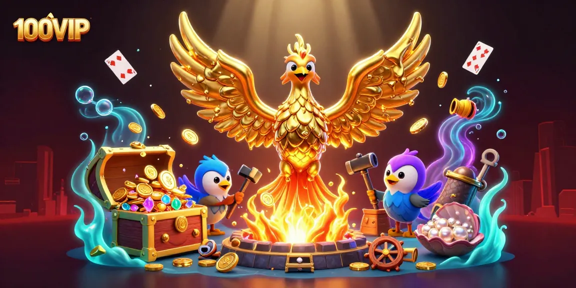 Experience the magic of winning at 100VIP with a dynamic scene featuring golden phoenix and treasures.