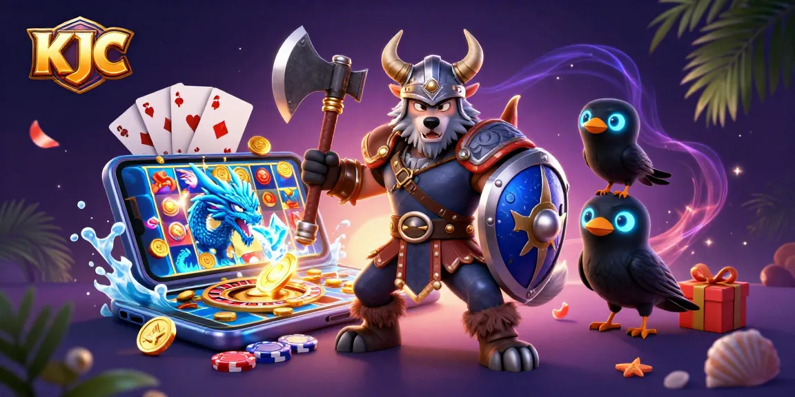 KJC brings excitement with a Viking warrior, dragon, and interactive casino elements.