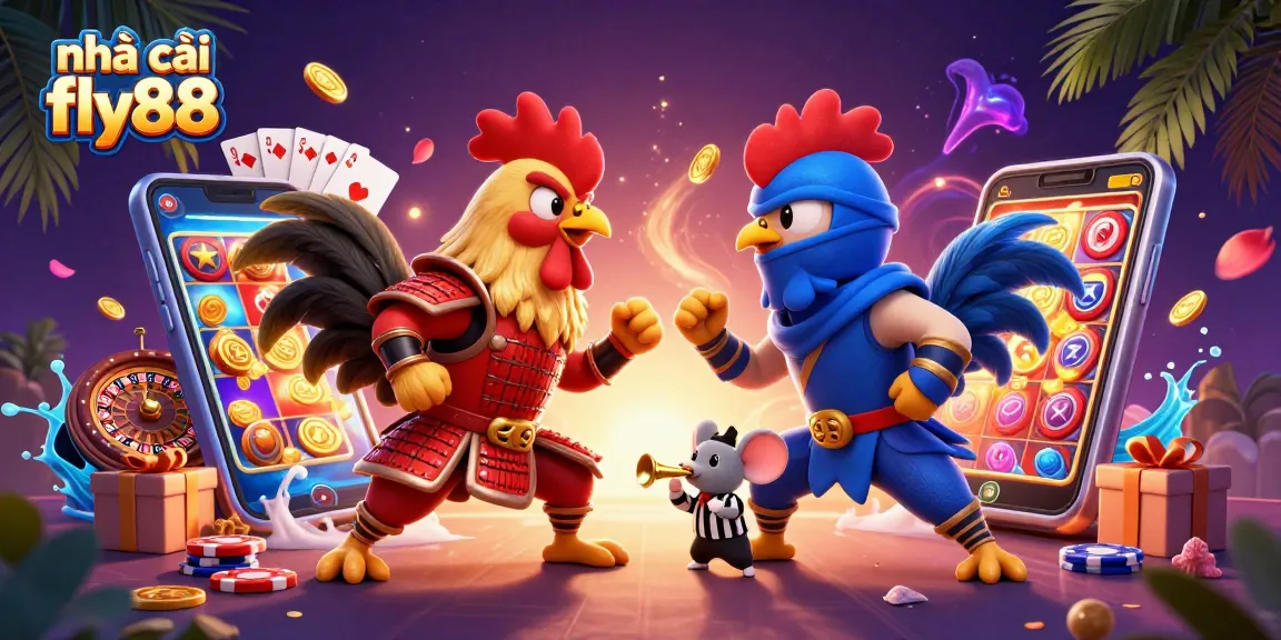 Engage with thrilling cockfighting visuals at nhà cái fly88 featuring dynamic roosters and casino elements.