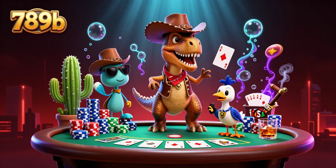 Engage with 789b at a vibrant poker showdown featuring a T-Rex, cactus, and roadrunner in an ultra-detailed illustration.
