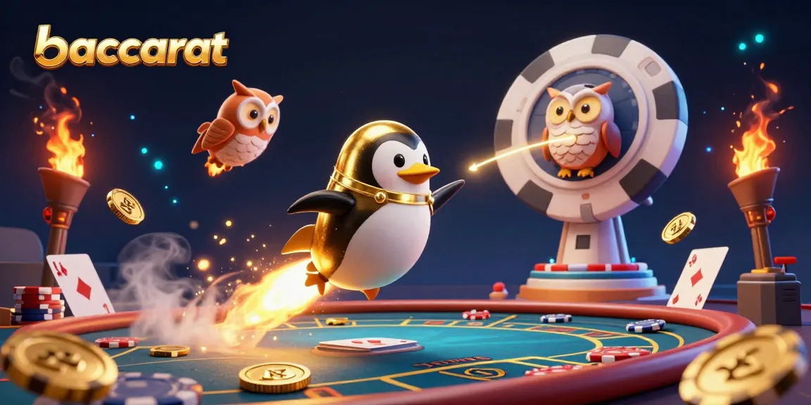 Baccarat action illustrated with a golden penguin flying towards a casino space station amidst dynamic gaming elements.