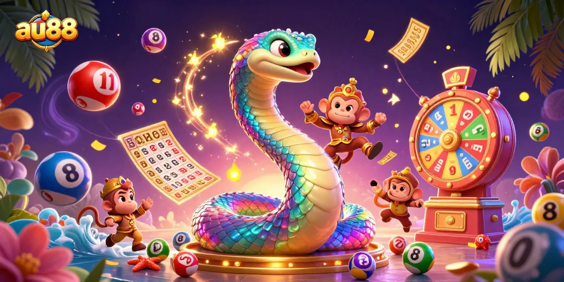 au88 lively scene with a rainbow serpent and monkey king amidst colorful bouncing lottery balls and vibrant game elements
