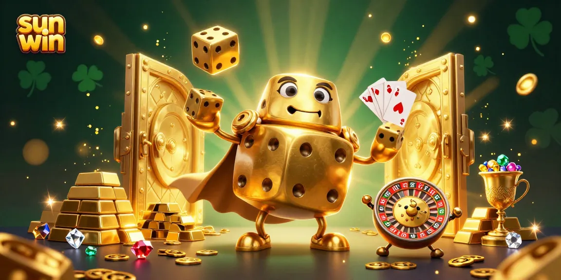 Experience sun win with a vibrant 3D illustration showing golden dice characters in a casino setting.