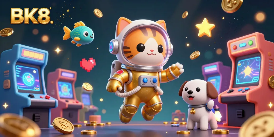 Engage with the thrilling BK8 universe, featuring a space astronaut cat, robot dog, and arcade games.