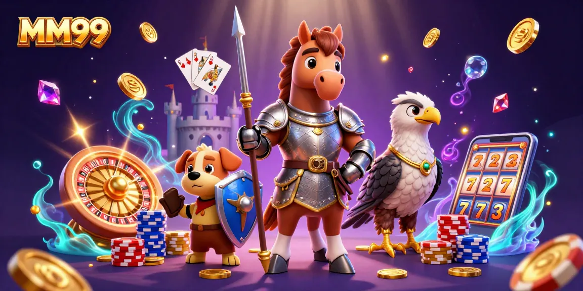 Experience the thrill with MM99 as coins and poker chips scatter around a medieval knight, puppy, and falcon.