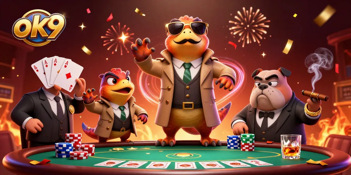 Engage with the vibrant scene of three raptors in a trench coat trying to sneak into a VIP lounge at ok9 casino.