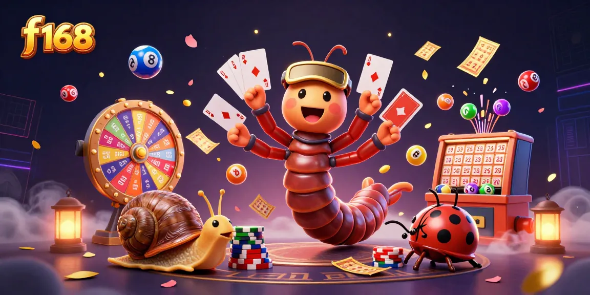Engage with thrilling games at f 168 with a dynamic 3D illustration of lively casino elements and characters.