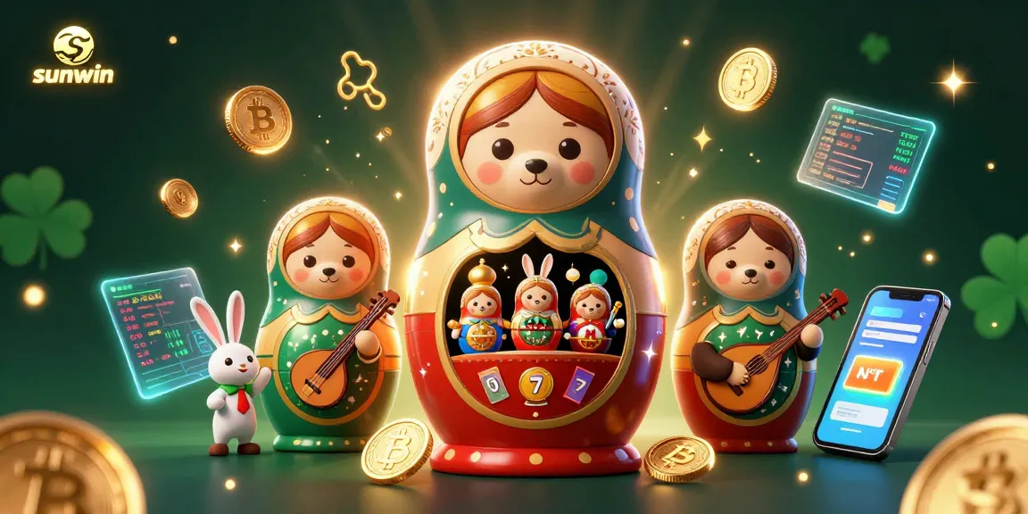 Win exciting games and jackpots with sunwin's vibrant 3D casino illustration showcasing nested bears and crypto elements.