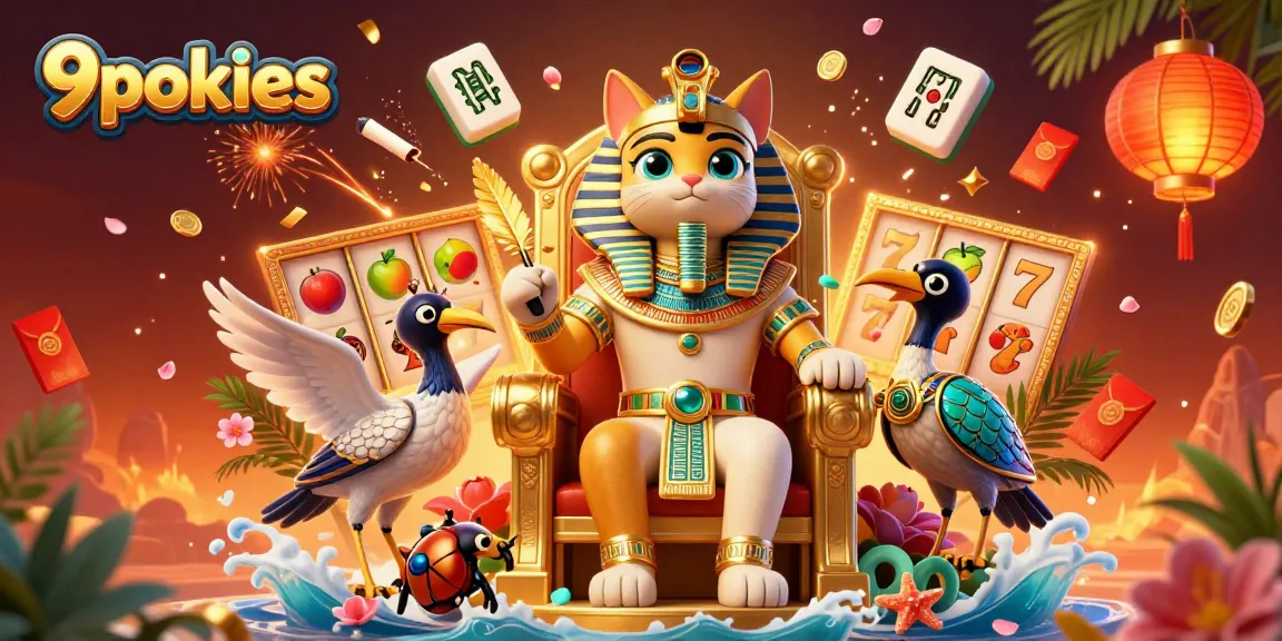 Experience 9pokies in a vibrant 3D illustration with a pharaoh cat, slot reels, and rich gold elements.