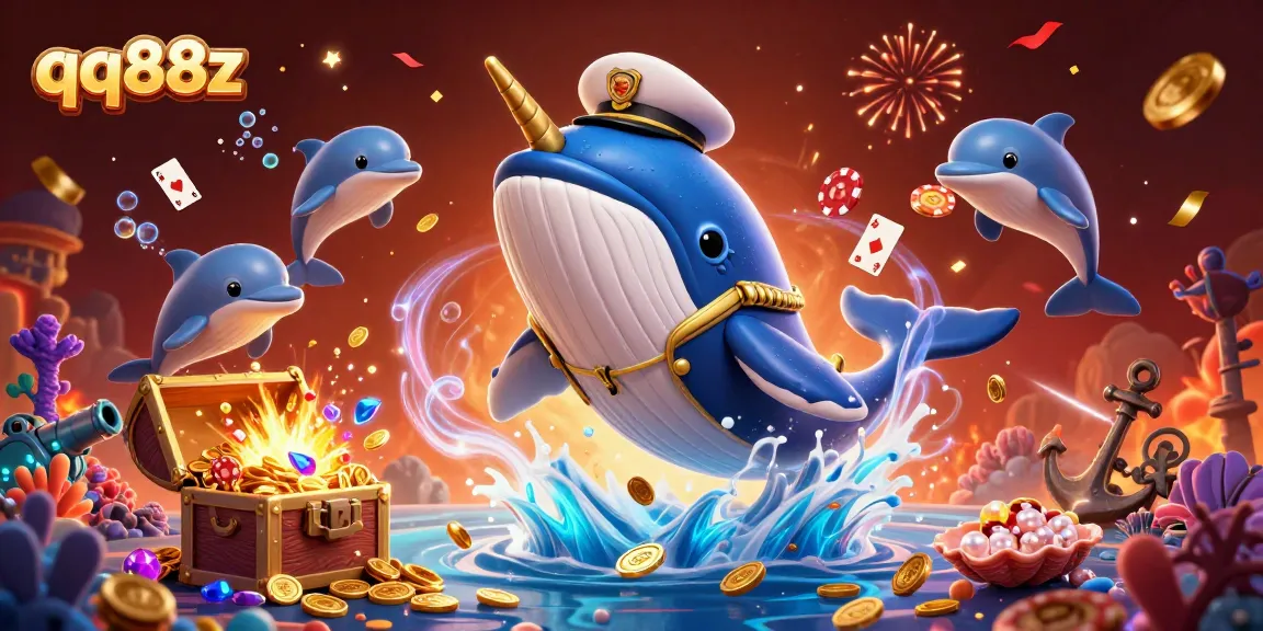 Engage with the exciting world of qq88z as a playful 3D whale, narwhal, and dolphins embody casino themes amidst golden treasures.