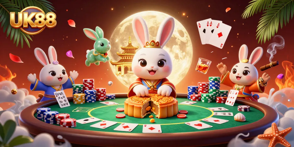 Engage with UK88 while enjoying a vibrant scene of lucky moon rabbits and poker action.