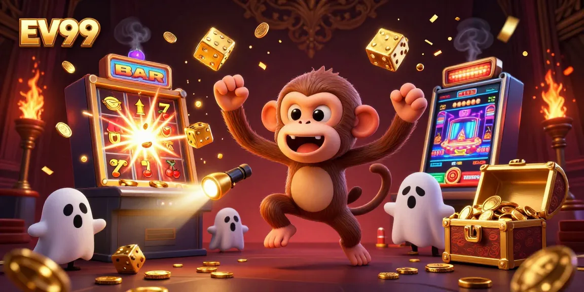 Experience EV99's thrilling haunted casino with a mischievous monkey and an adventurous puppy.