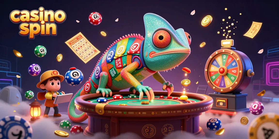 Engaging casino spin illustration showcasing vibrant gaming elements and a colorful chameleon character.
