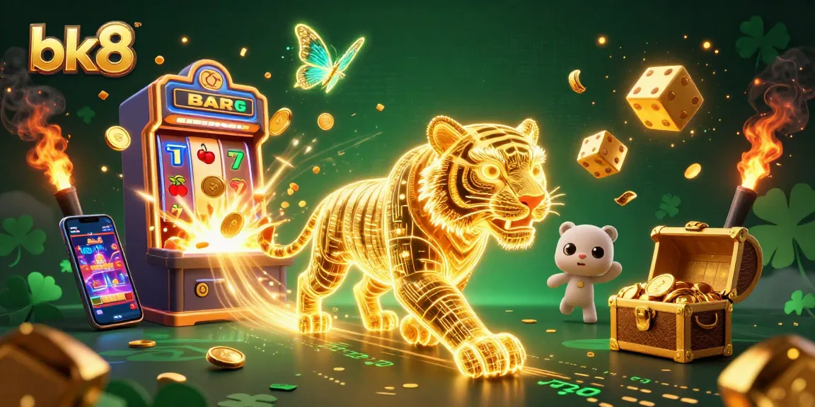 Experience thrilling spins at bk8 with a neon tiger amidst a vibrant casino scene showcasing exciting gaming elements.