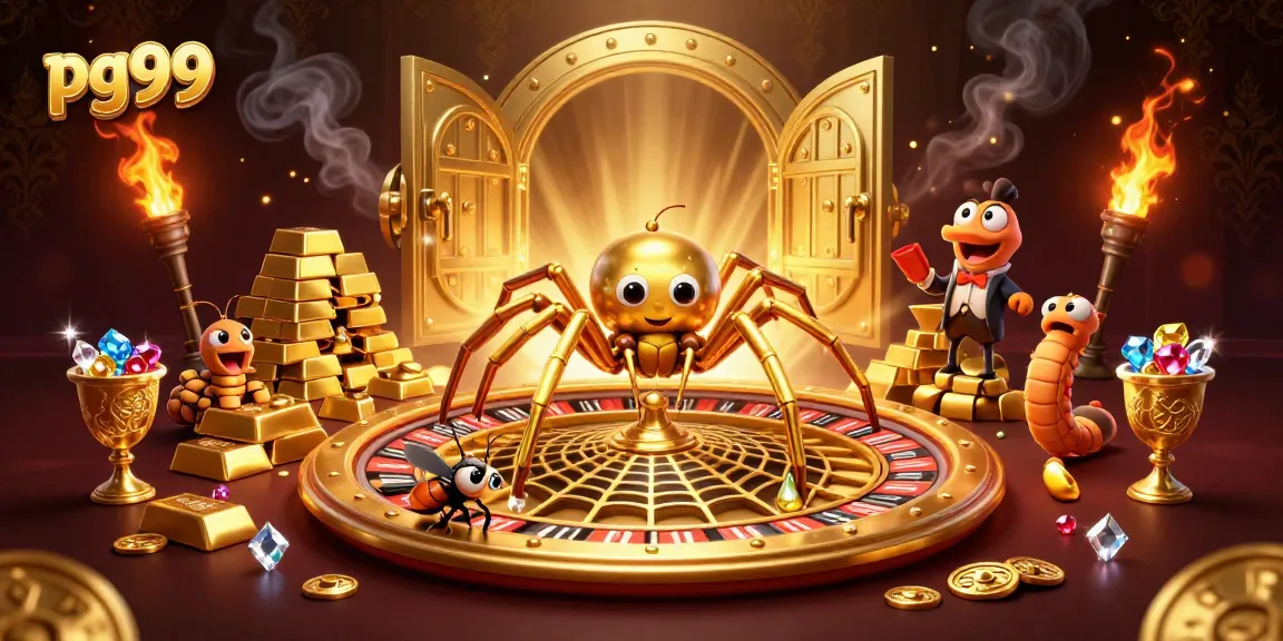 Place bets at pg99's roulette wheel while treasures burst forth in a vibrant casino scene.