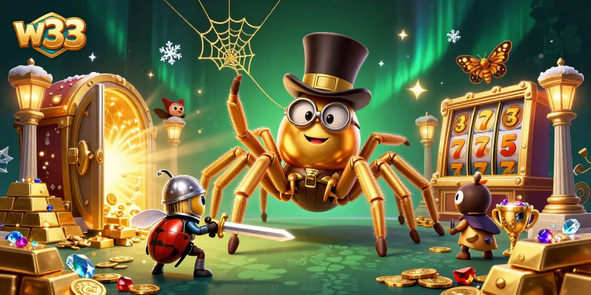 Engage with w33's immersive gaming world featuring a golden tarantula and beetle knight.