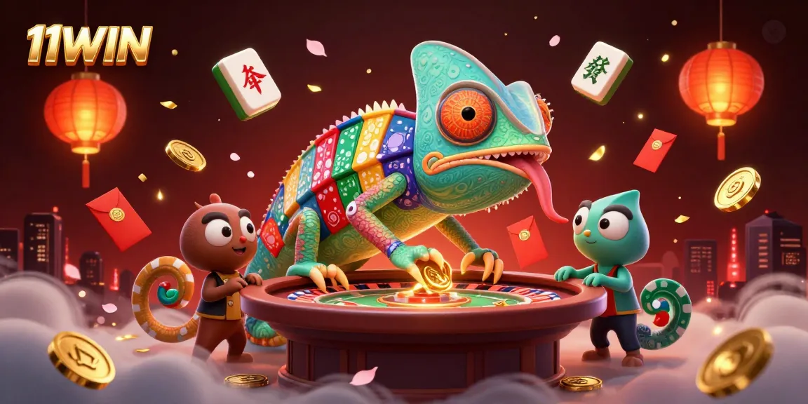 Engage with 11WIN's vibrant casino scene featuring a chameleon owner catching golden coins.