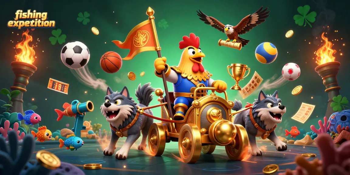 Fishing expedition themed 3D illustration showcasing vibrant characters and gaming elements.