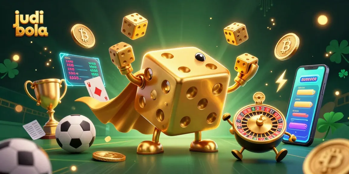 Explore judi bola betting strategies with a dynamic scene of dice golems and sports elements.