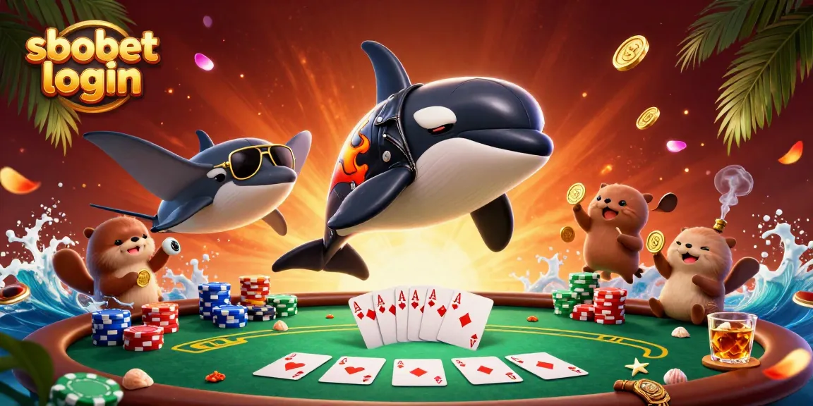 Experience an engaging sbobet login scene with an orca, stingray, and otters celebrating gaming.