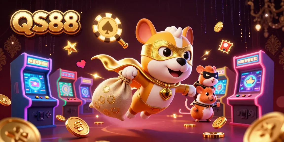 Experience the excitement of QS88 with a superhero dog in a casino adventure filled with gold coins and lively game elements.