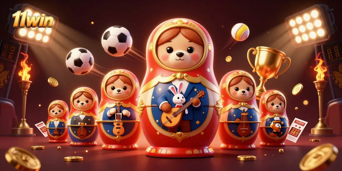 11WIN showcases exhilarating casino fun as Matryoshka bears and a rabbit celebrate with casino-themed elements.