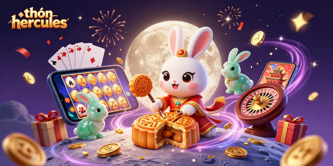 Experience the magic of thần hercules with a vibrant scene showcasing a moon rabbit revealing poker chips and slot games.