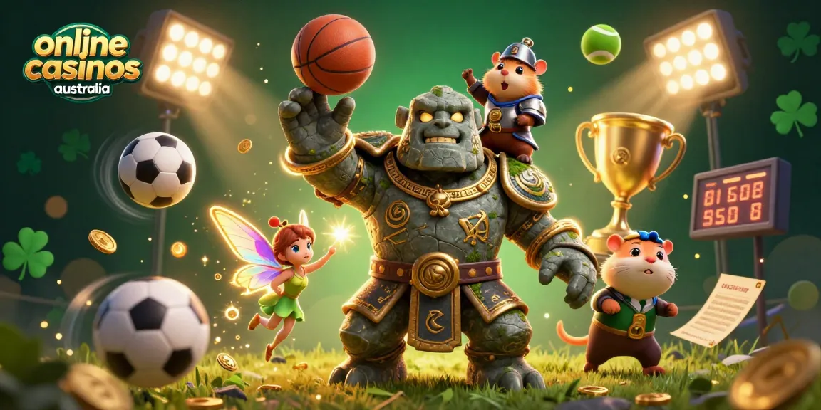 Engage in exciting gameplay at online casinos Australia featuring a magical scene with a stone golem, fairy, and hamster knight.